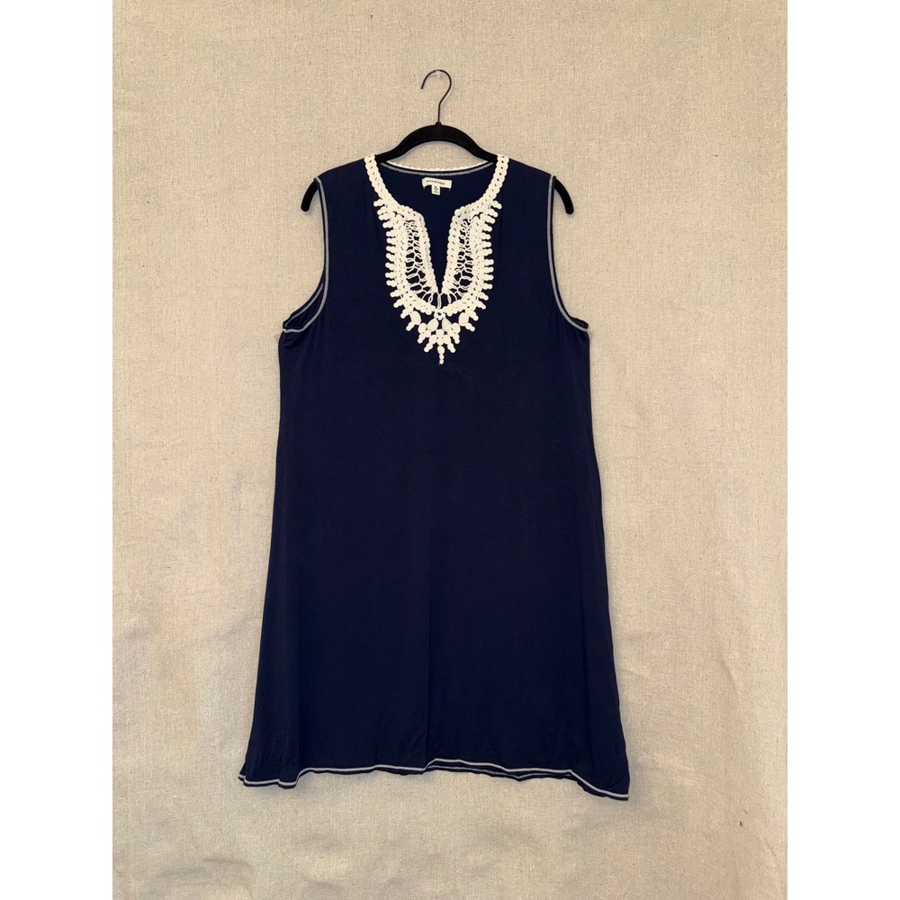 Max Studio Navy Blue Crochet Lace Bib Sleeveless Shift Dress XL Boho Knit